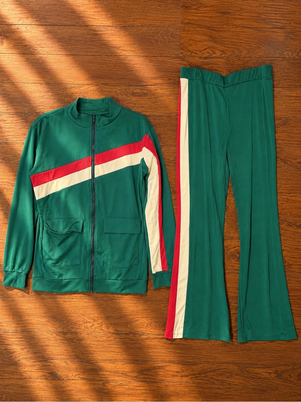 Women's Green Track Pantsuit with Red & Cream Stripes Sz 3X NWOT